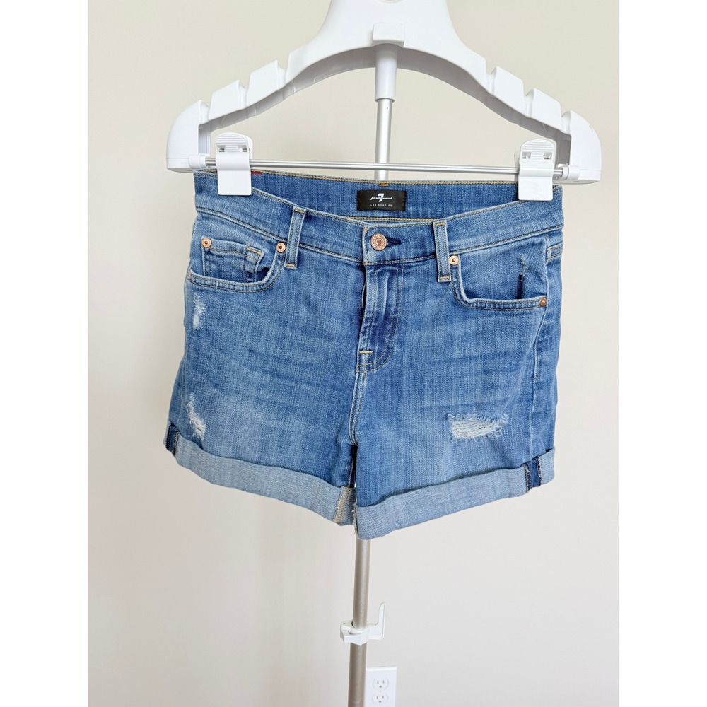 7 For All Mankind Denim Shorts Womens 25 Blue Cotton Distressed Cuffed Mid Rise
